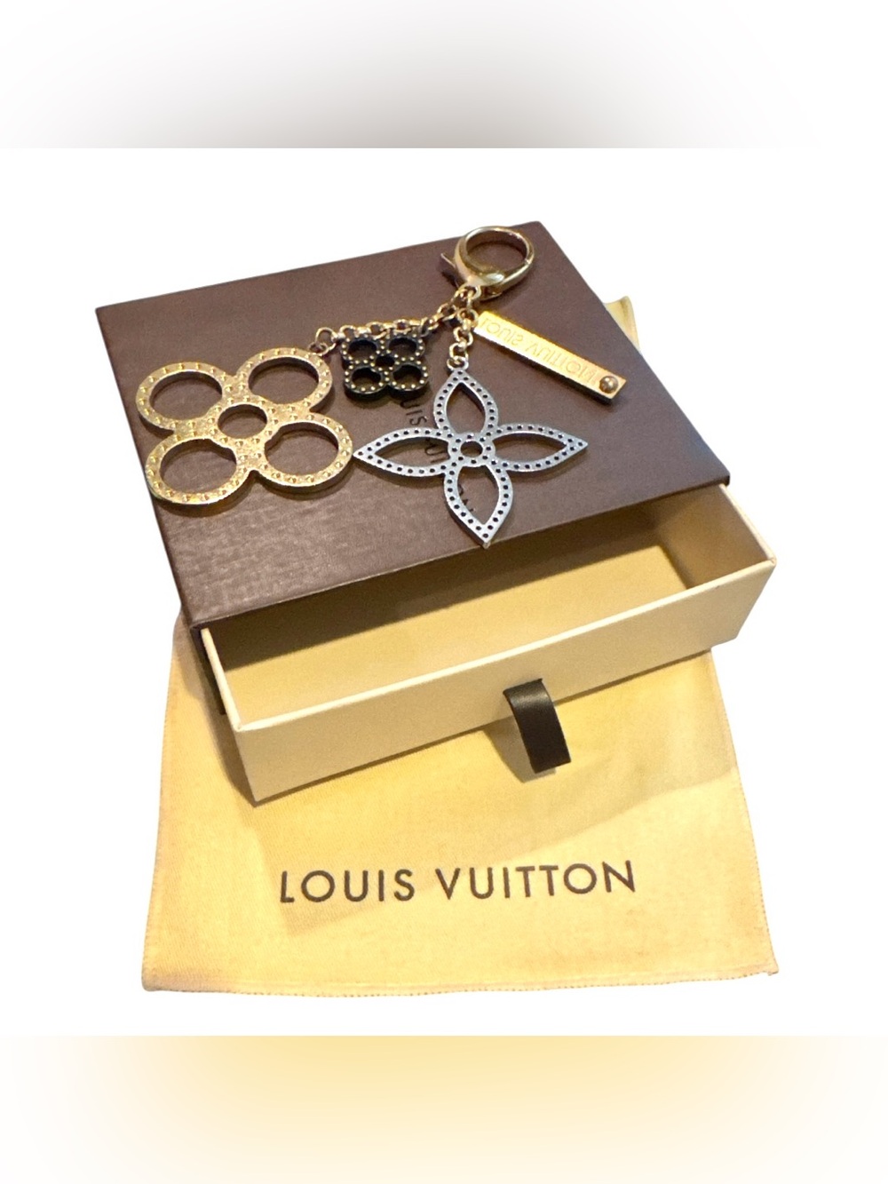 Authentic Louis Vuitton Gold & Black Monogram Flower Key Charm Cluster